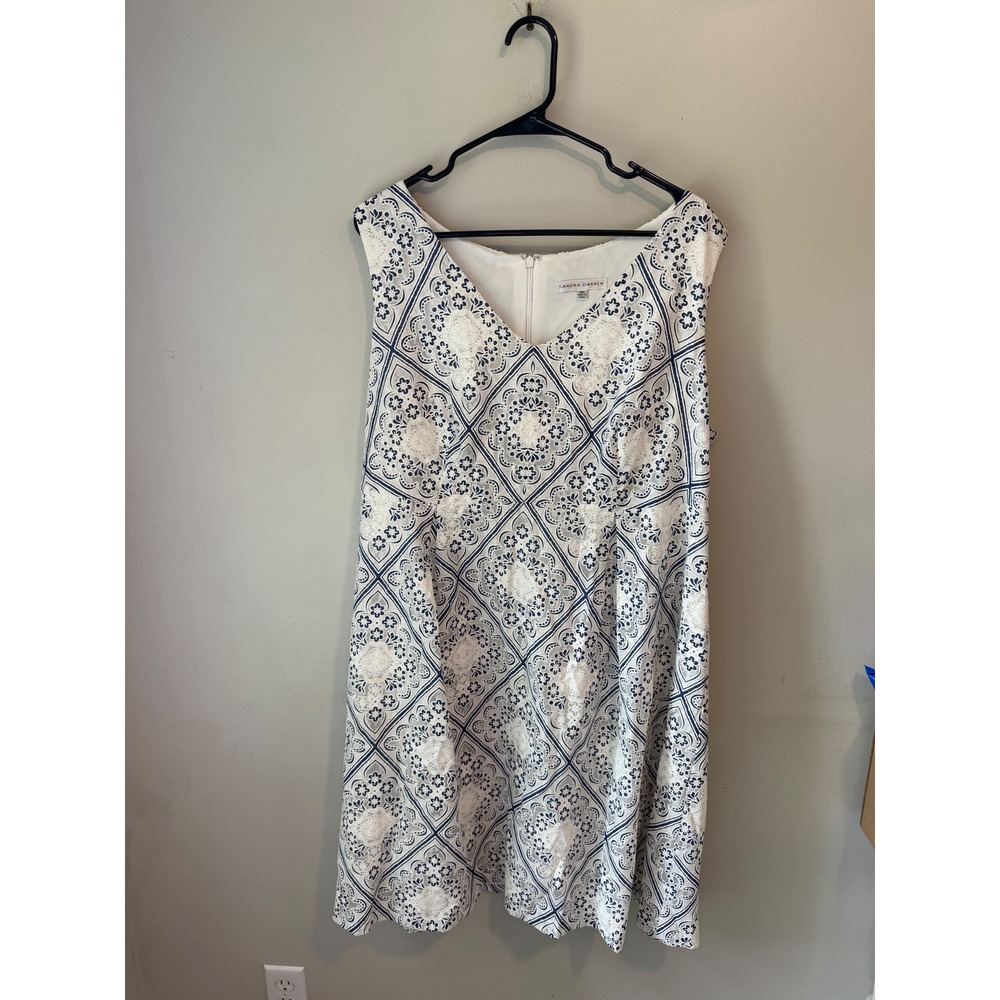 Sandra Darren Blue‎ White Tile Print Eyelet V-Neck A-Line Dress Womens 16W